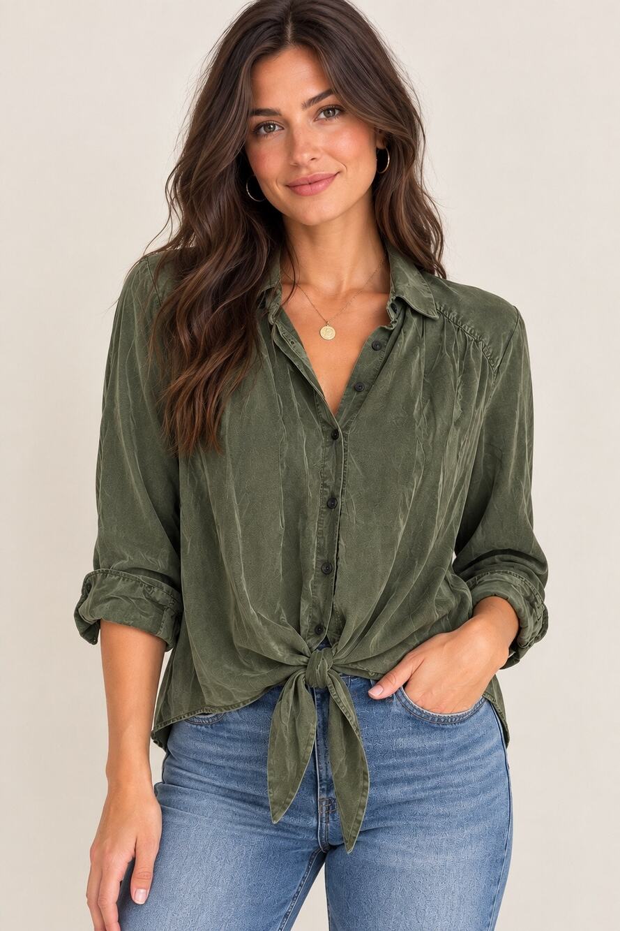Maeve Anthropologie Olive Green Tie Front Button Down Blouse Size S